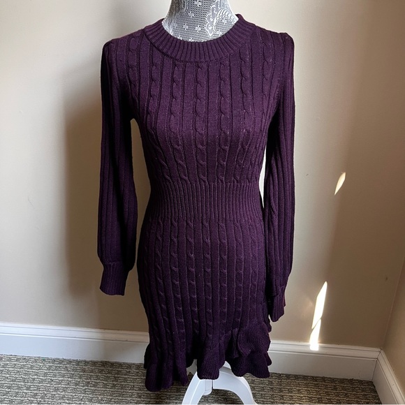 Taylor Purple Ruffled Hem Cable Knit Sweater Dress Womens Sz Medium - Picture 2 of 8